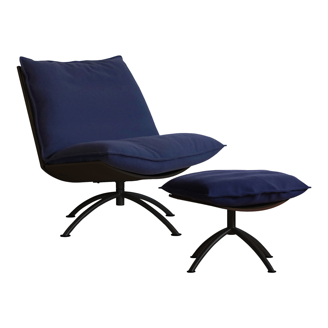 Navy blue lounge chair and ottoman set with a smooth, minimalist design and soft cushion textures.