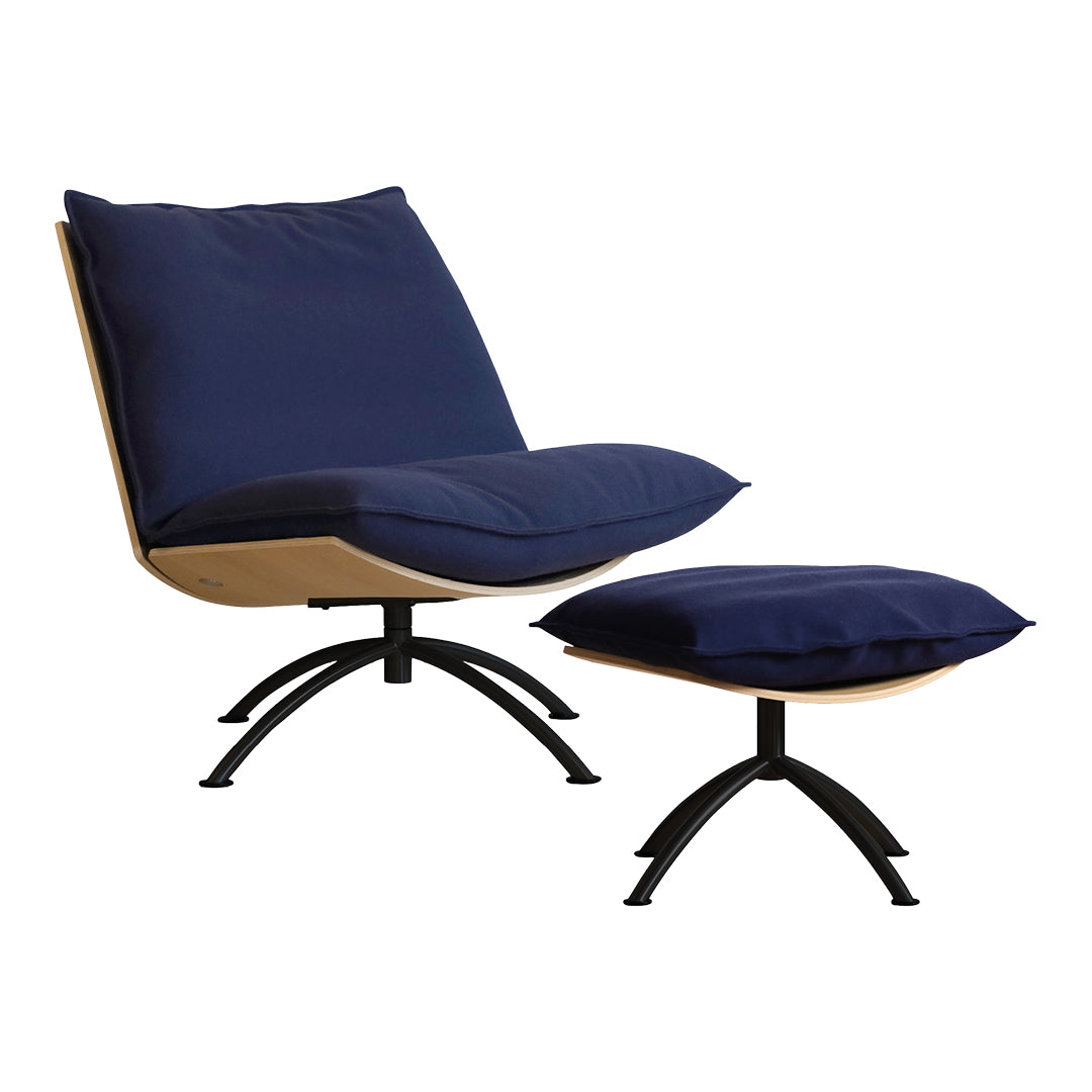 Navy blue chair and ottoman with a smooth wooden base and black metal legs, showcasing a sleek, modern design.