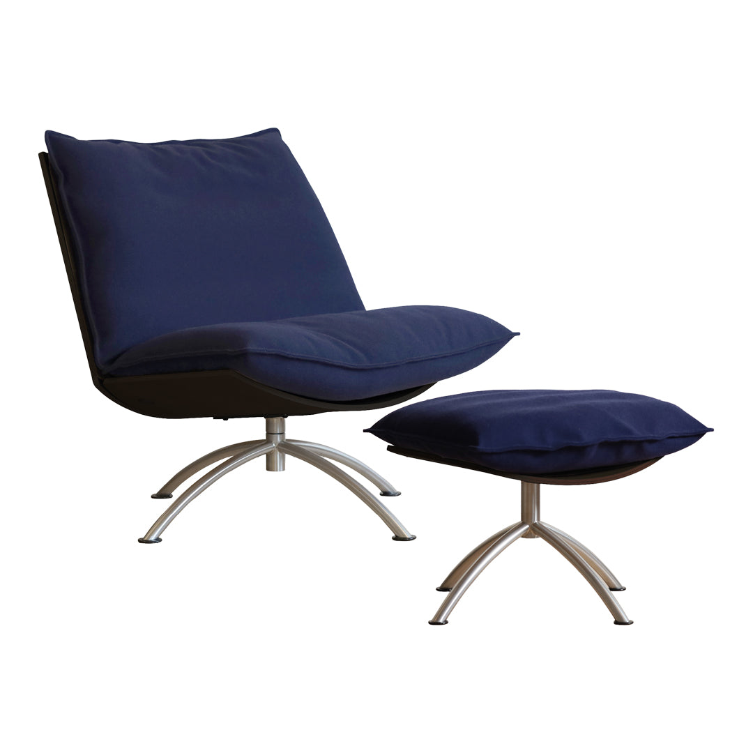Navy blue upholstered chair with matching ottoman, featuring a sleek silver base. Modern design and smooth lines.