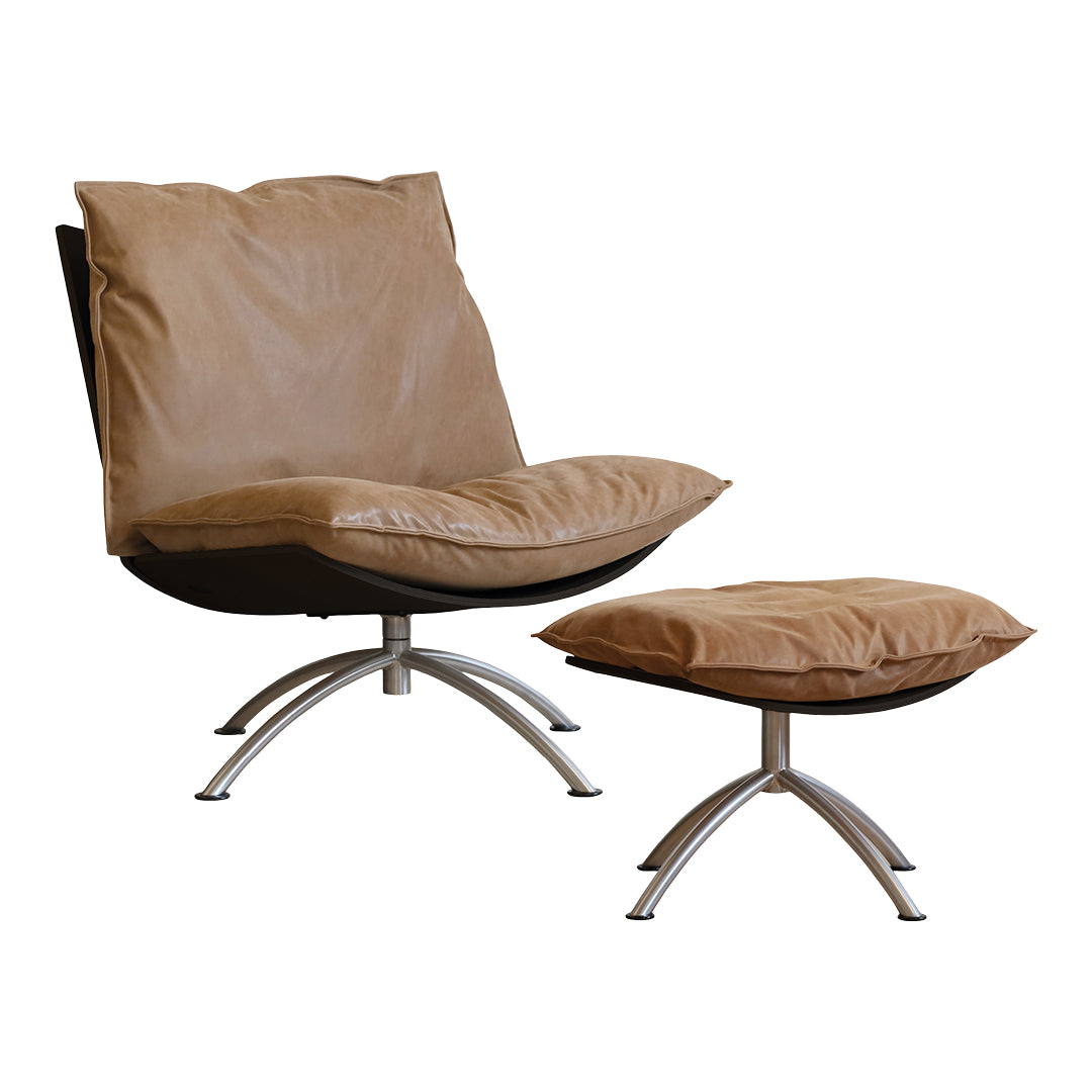 Brown leather lounge chair with matching ottoman, featuring a sleek design and soft cushions. Modern silver accents.