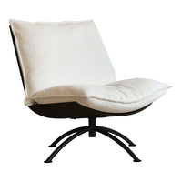 Cream upholstered chair with a sleek black metal base, showcasing a minimalist design and modern aesthetic.