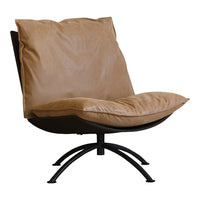 Tan cushioned chair with a sleek black metal base, featuring a smooth, minimalist design. Perfect for modern decor.