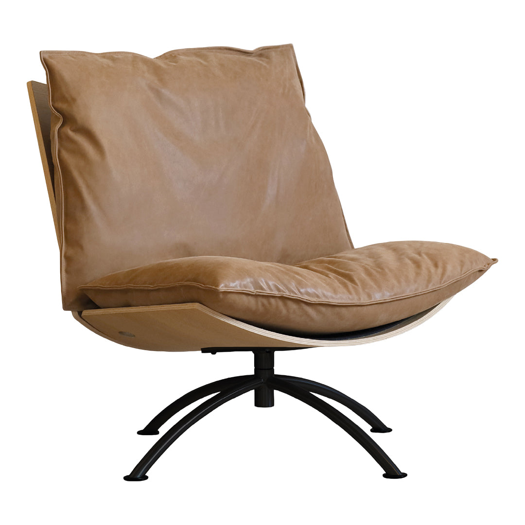 Tan leather swivel chair with a smooth texture and minimalist design, featuring a sleek black metal base.