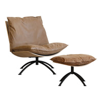 Tan faux leather chair and ottoman set with a sleek black metal base and minimalist design.