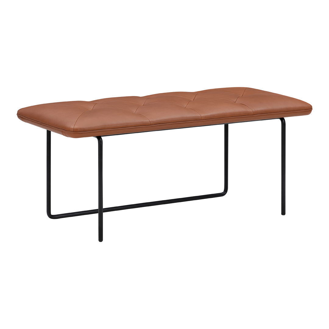 Brown leather bench with a tufted design and sleek black metal legs, ideal for modern home decor.