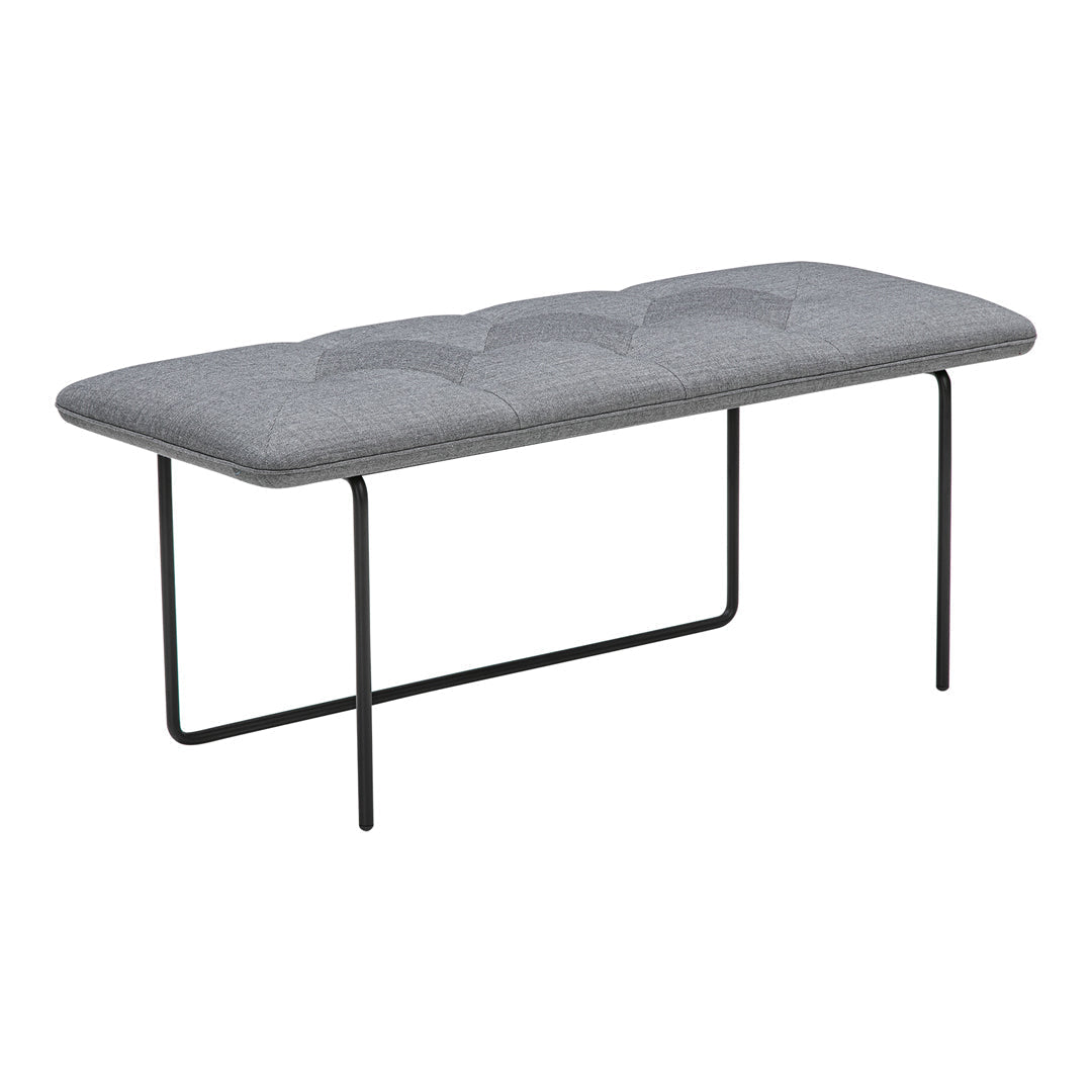 Gray tufted bench with a sleek design and contrasting black metal legs. Perfect for modern decor.