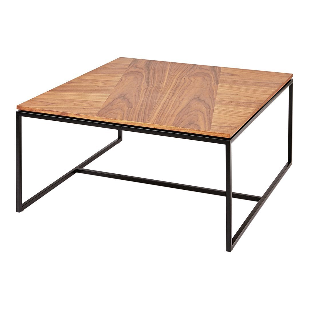 Wooden square coffee table with a rich brown wood grain pattern and sleek black metal legs. Modern and stylish design.