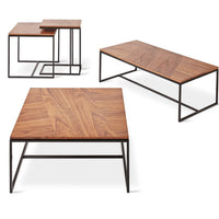 "Wooden coffee table set with rich brown tones and a sleek geometric design on a black metal frame."