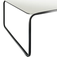 Modern black and white table featuring a sleek, minimalist design with smooth lines and a glossy finish.