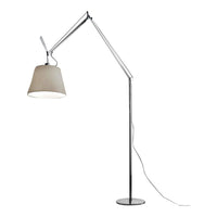 Modern floor lamp with a sleek chrome finish and a soft gray fabric shade. Versatile and stylish design.