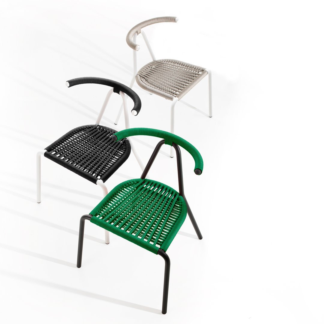 Three stylish chairs in black, green, and silver, featuring modern woven patterns and sleek lines.