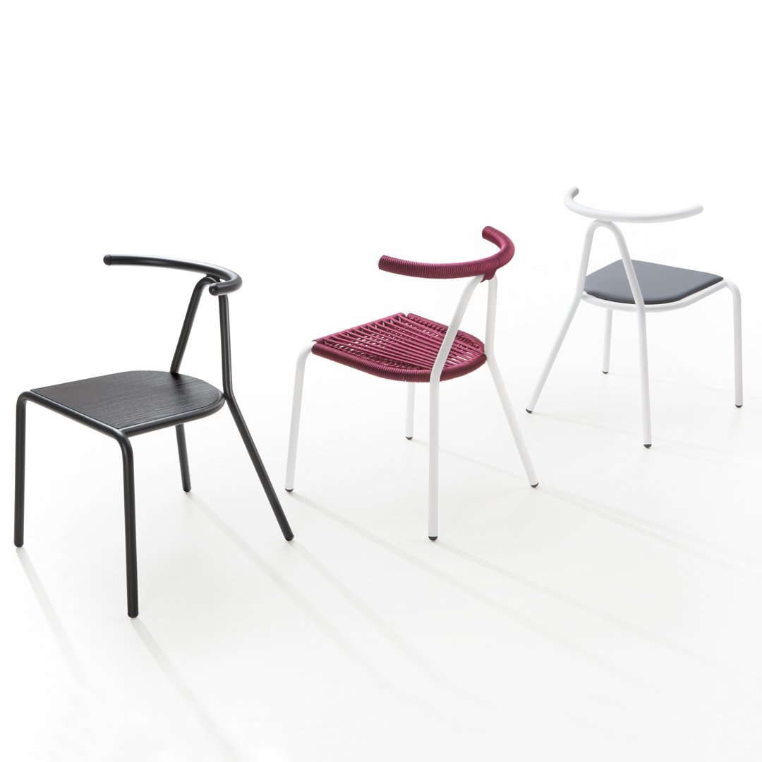 Trendy chairs in black, maroon, and gray with sleek designs and unique woven patterns for contemporary decor.