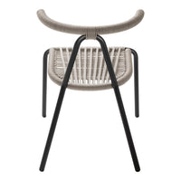 Beige woven chair with a sleek black frame and minimalistic design. Perfect for modern decor.