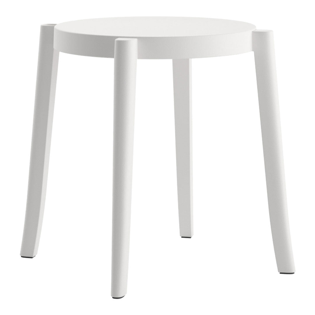 White round stool with a smooth, minimalist design and sleek, straight legs. Perfect for any modern decor.