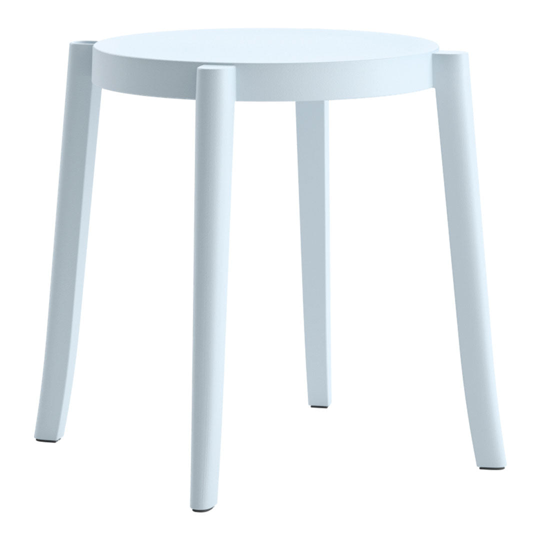 Round white stool with smooth finish and minimalist design, featuring four tapered legs for a sleek, modern look.