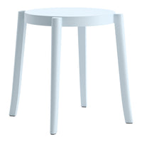Round white stool with smooth finish and minimalist design, featuring four tapered legs for a sleek, modern look.