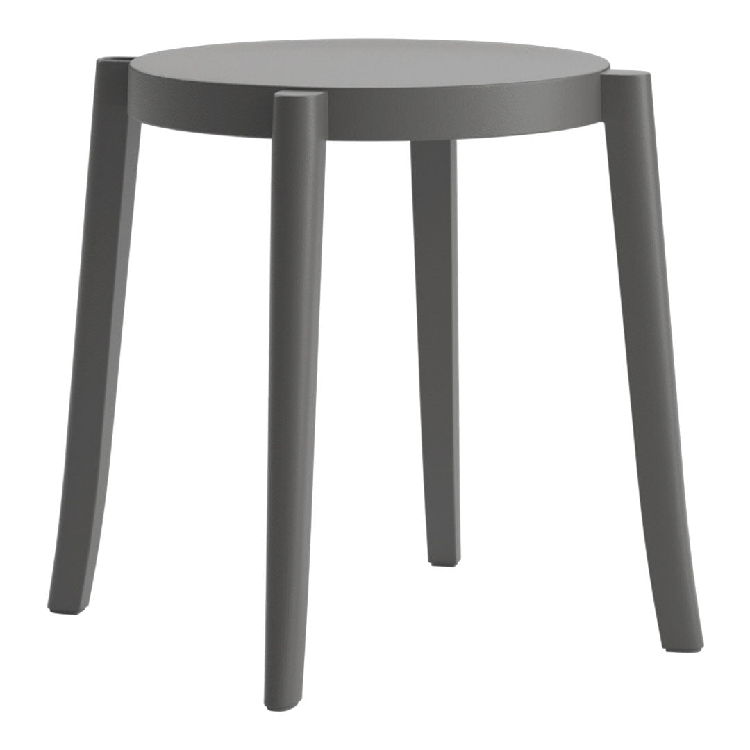 Gray round stool with a smooth surface and four sleek, angular legs. Modern minimalist design, perfect for any decor.