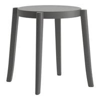Gray round stool with a smooth surface and four sleek, angular legs. Modern minimalist design, perfect for any decor.