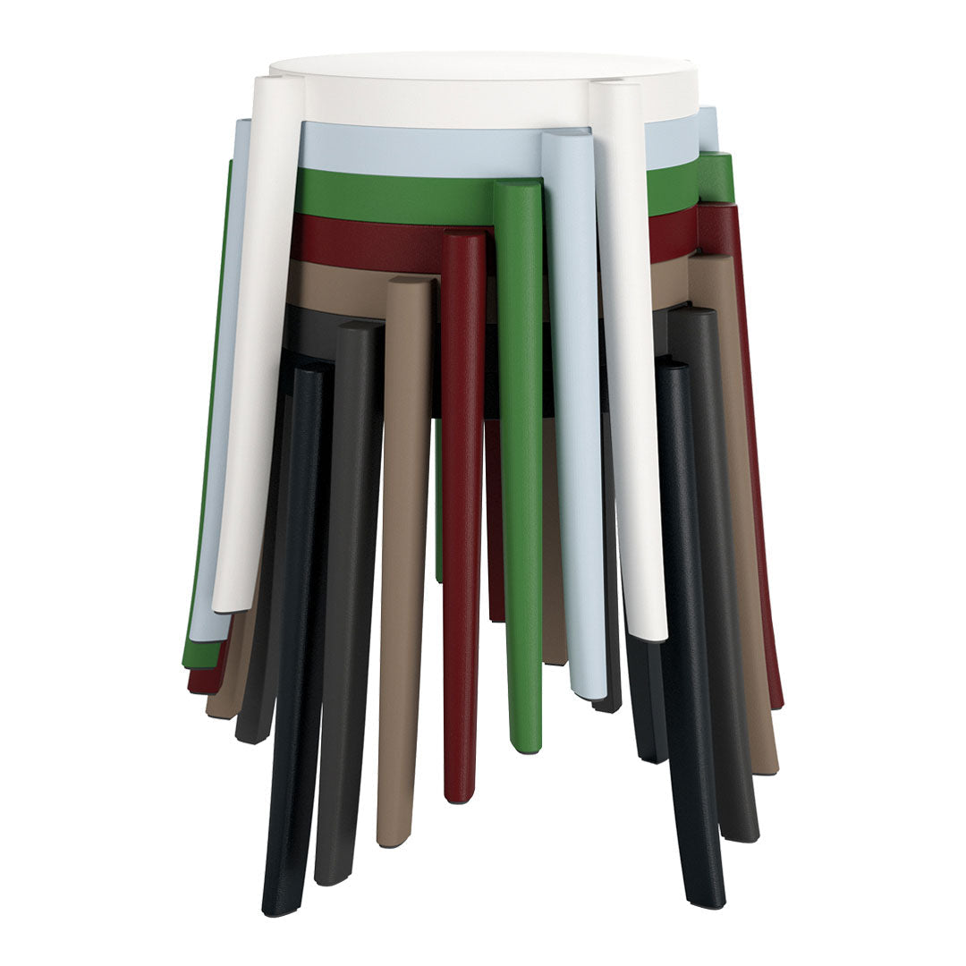 Colorful stacked stools featuring white, green, red, brown, and black with a sleek modern design.