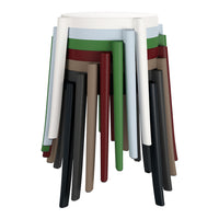 Colorful stacked stools featuring white, green, red, brown, and black with a sleek modern design.