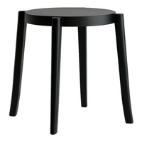 Black round stool with sleek legs, featuring a minimalist design and smooth, matte surface. Perfect for modern decor.