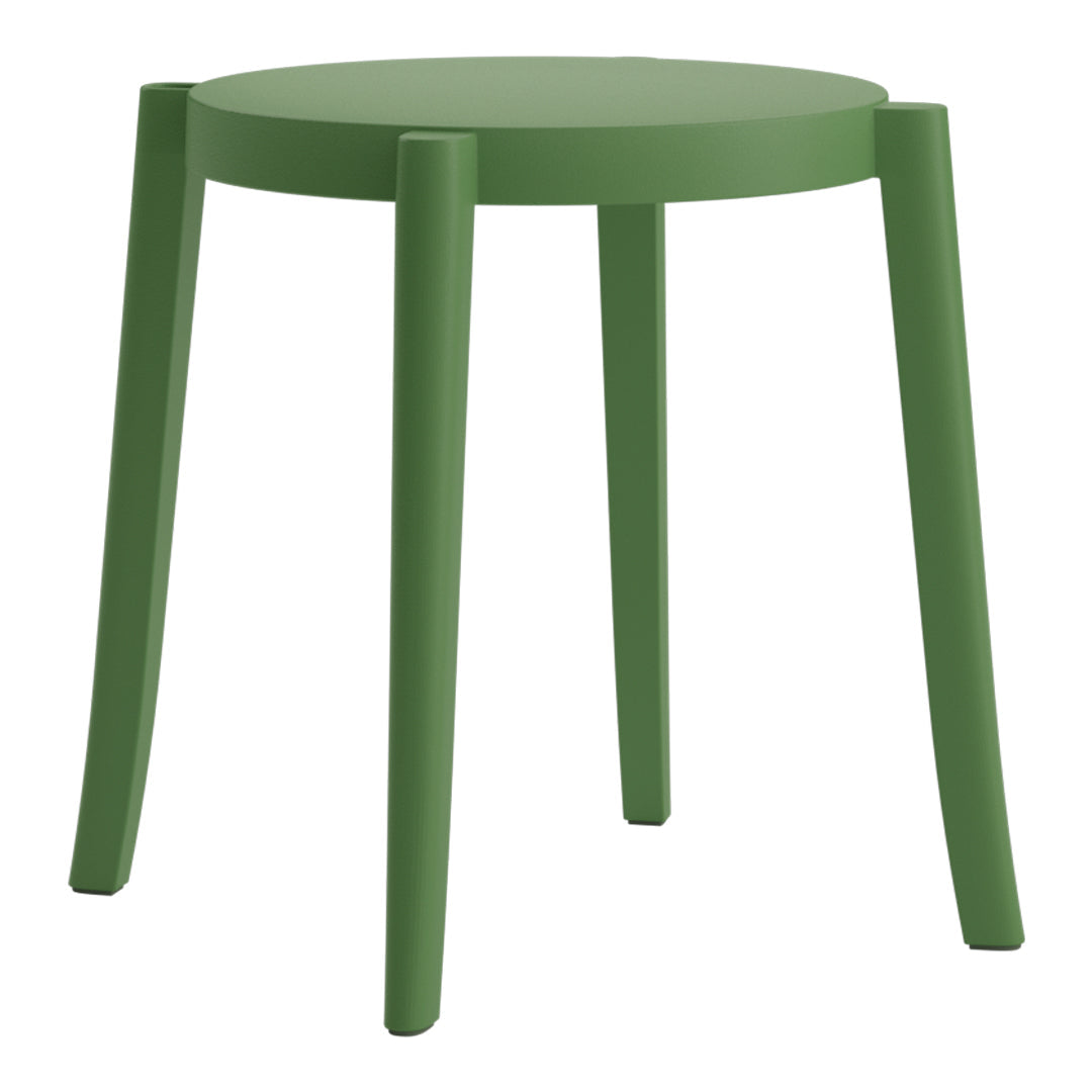 Green minimalist stool with a smooth, round top and sturdy legs, perfect for modern decor.