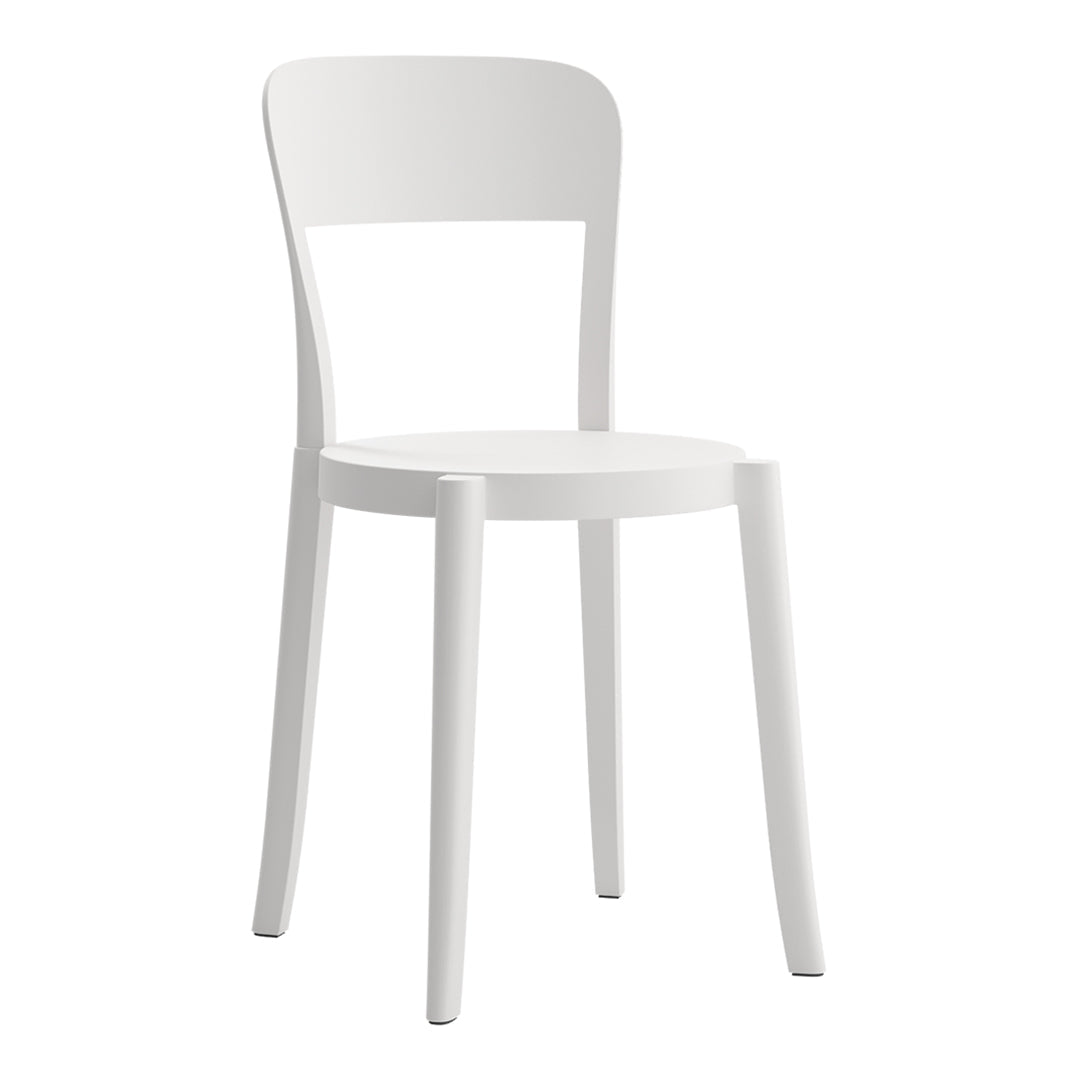 White wooden chair with a minimalist design and smooth, clean lines. Perfect for modern, bright spaces.