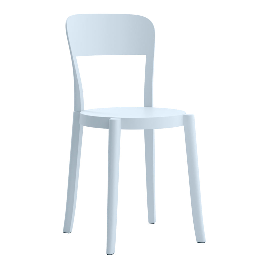 Light blue minimalist chair with a smooth finish and simple design, perfect for modern decor.