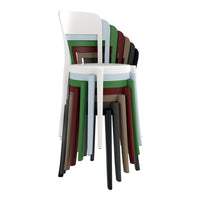Stack of colorful chairs featuring white, green, red, brown, and black with a sleek, modern design.