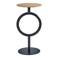 Modern black metal accent table with a circular design and a light wood top for a stylish contrast.