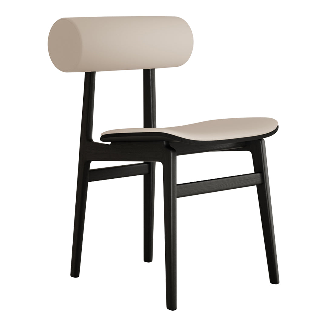 Minimalist chair featuring a beige seat and backrest with sleek black wooden legs. Modern and stylish design.