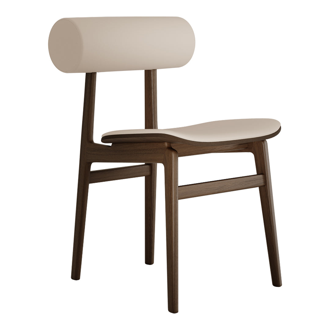Beige upholstered chair with a rounded backrest and dark wooden legs, featuring a modern, minimalist design.