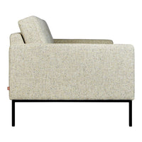 Beige textured fabric sofa with subtle multicolored flecks, minimalist black metal frame. Modern and stylish design.