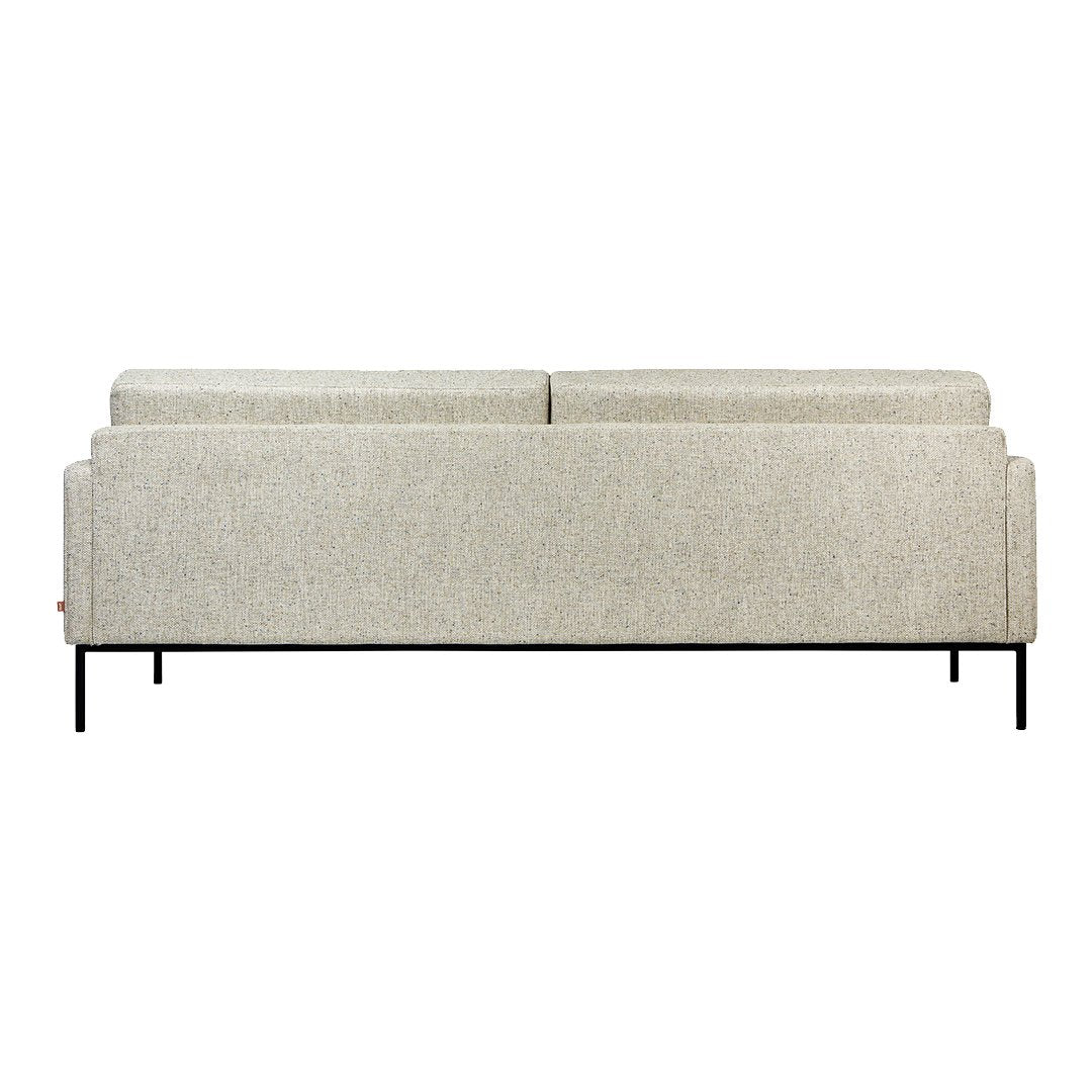 Light gray fabric sofa with a subtle texture, featuring clean lines and a modern black metal base.