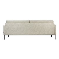 Light gray fabric sofa with a subtle texture, featuring clean lines and a modern black metal base.