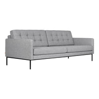 Gray upholstered sofa with tufted design and sleek black metal legs, perfect for modern interiors.
