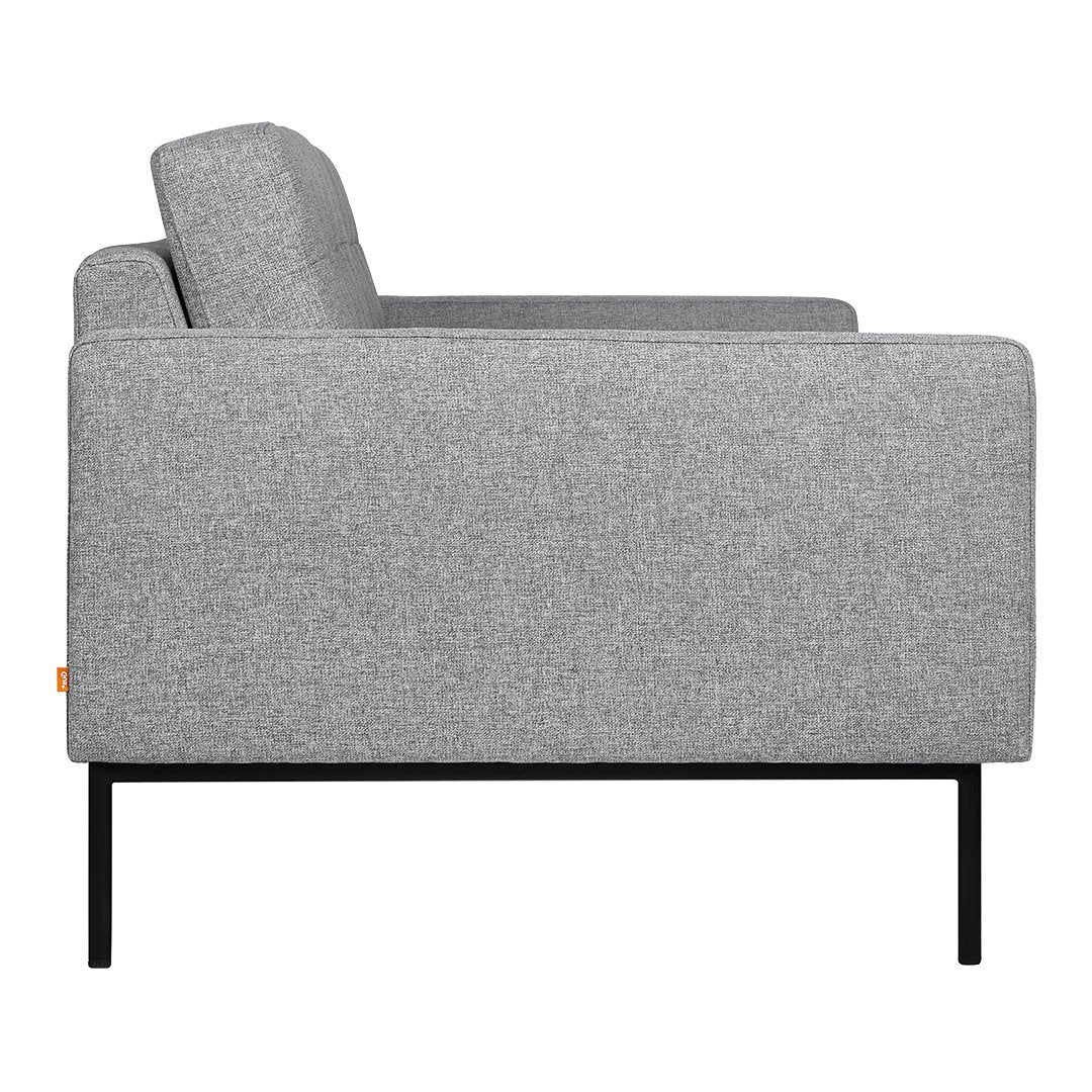 Gray upholstered sofa with a simple, modern design and subtle texture, featuring black metal legs.