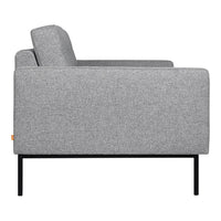 Gray upholstered sofa with a simple, modern design and subtle texture, featuring black metal legs.