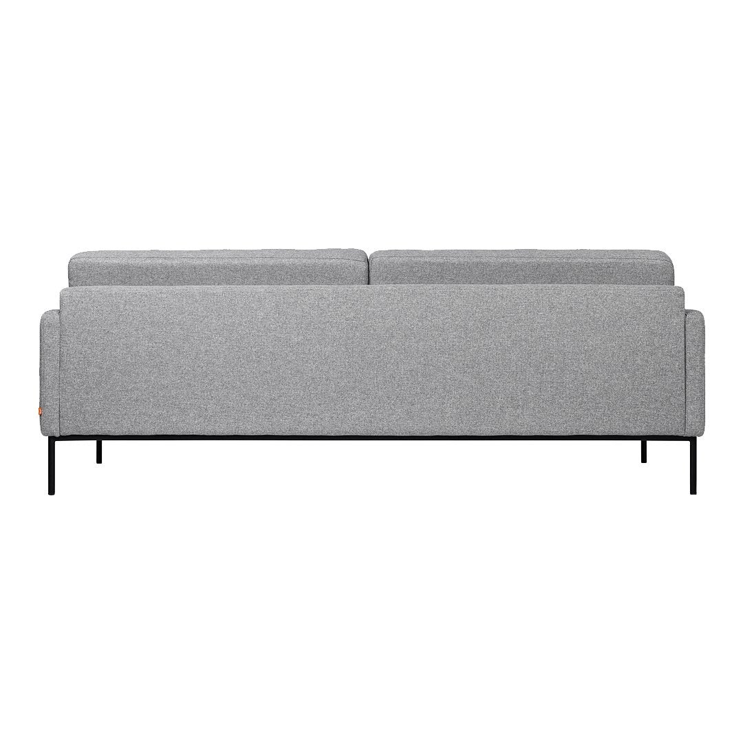 Gray fabric sofa with a minimalist design and clean lines, featuring smooth, solid-color upholstery and black metal legs.