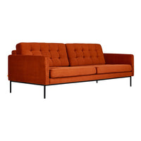 Burnt orange velvet sofa with tufted design and sleek black metal legs. Ideal for modern living spaces.