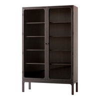 Modern grey display cabinet with transparent glass doors and sleek black metal legs. Clean lines and minimalist design.