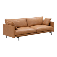 Tan leather sofa with smooth texture and minimalist design, featuring two cushions and sleek black metal legs.