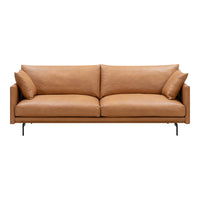 Tan leather sofa with smooth texture and minimalist design, featuring two loose cushions. Perfect for modern decor.