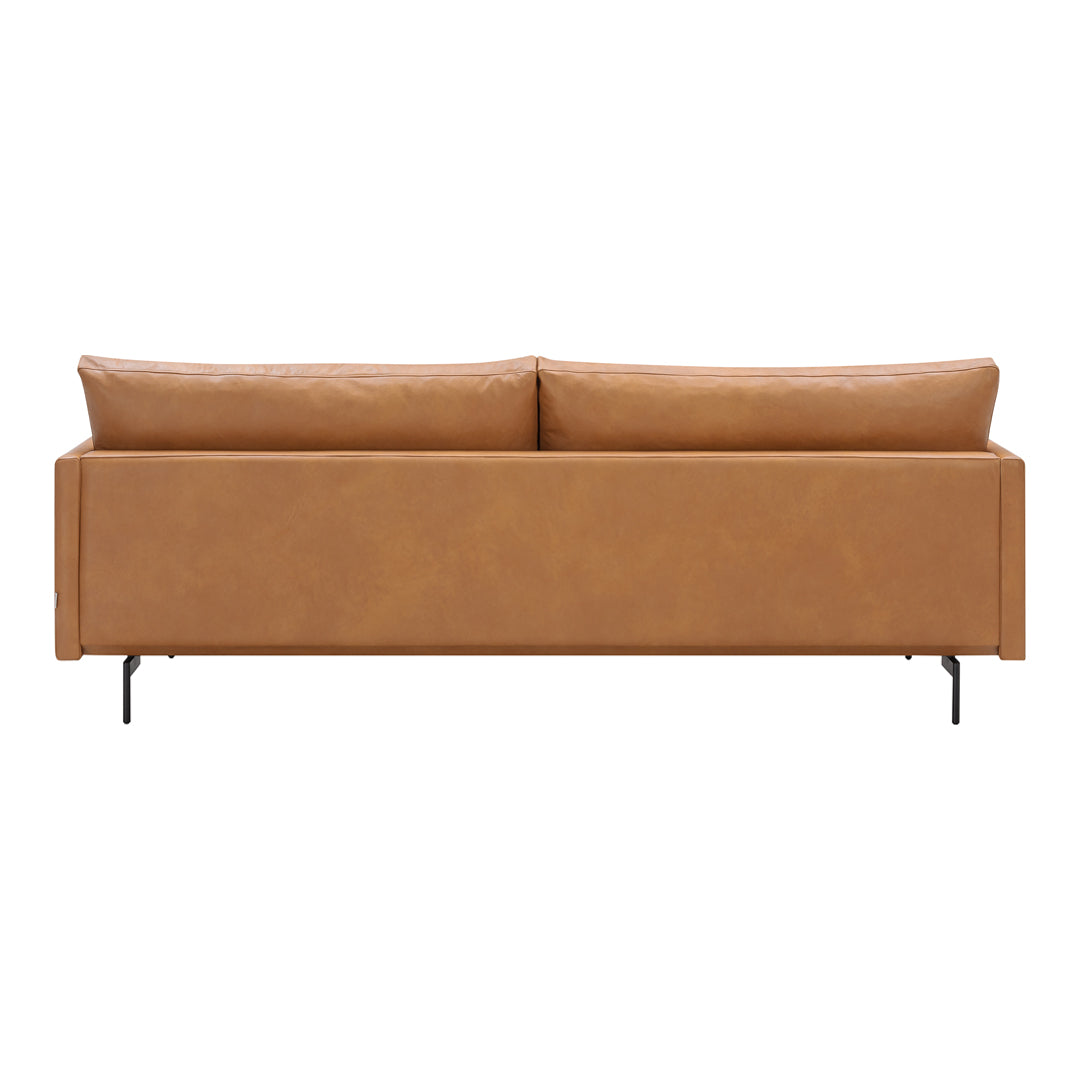 Tan leather sofa with a sleek, minimalist design and two plush back cushions, set on metal legs.
