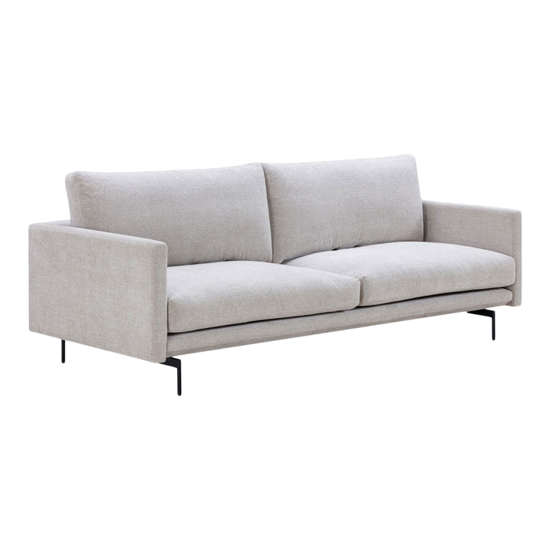 Light gray upholstered sofa with sleek black legs and a minimalist design, featuring a soft, textured fabric pattern.