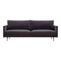 Sleek dark gray sofa with a minimalist design and smooth fabric upholstery, featuring clean lines and subtle texture.