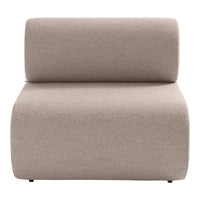 Beige fabric accent chair with a minimalist, curved design and soft texture, perfect for modern interiors.