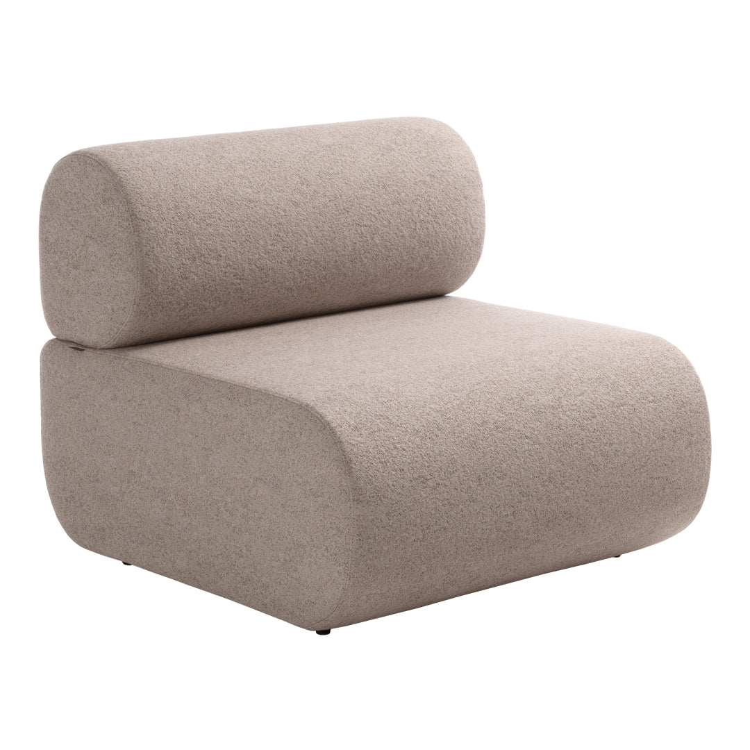 Beige upholstered chair with rounded edges and a textured, cozy fabric in a minimalist design.