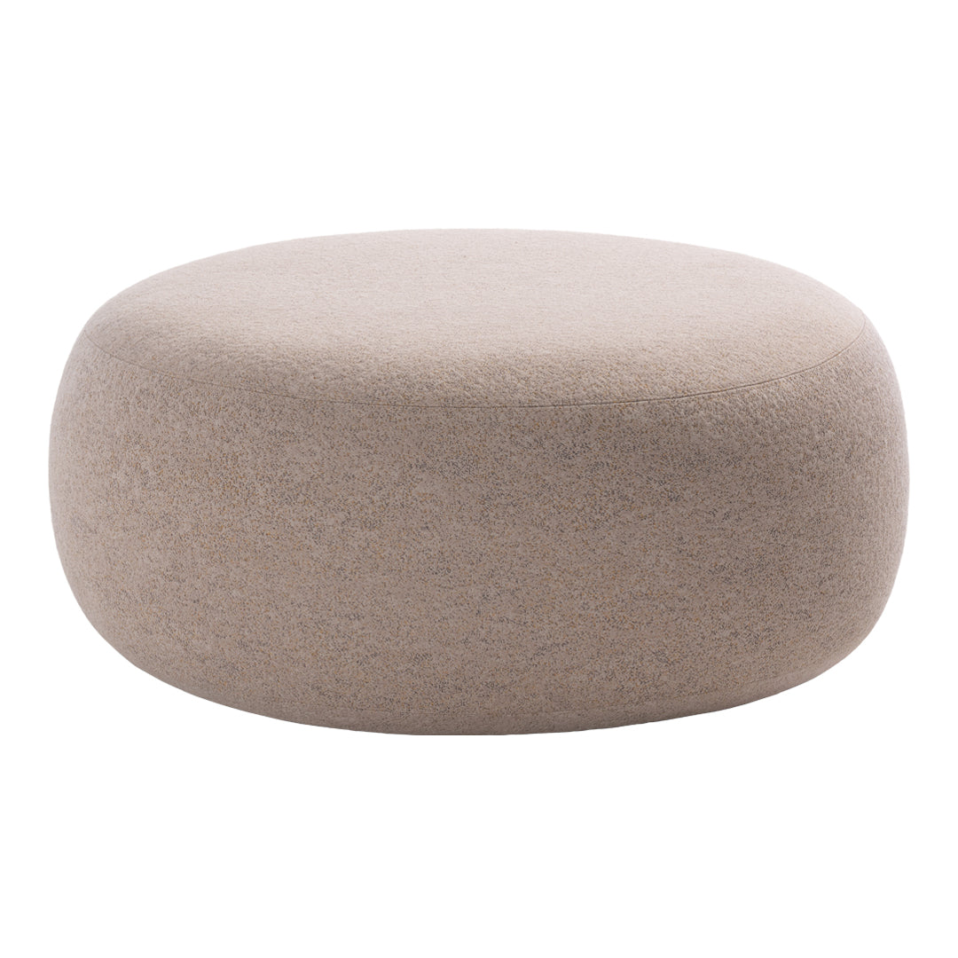 Round taupe ottoman with a smooth, minimalist design, perfect for modern decor.