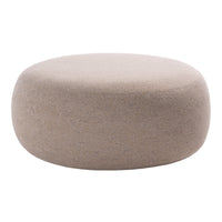 Round taupe ottoman with a smooth, minimalist design, perfect for modern decor.